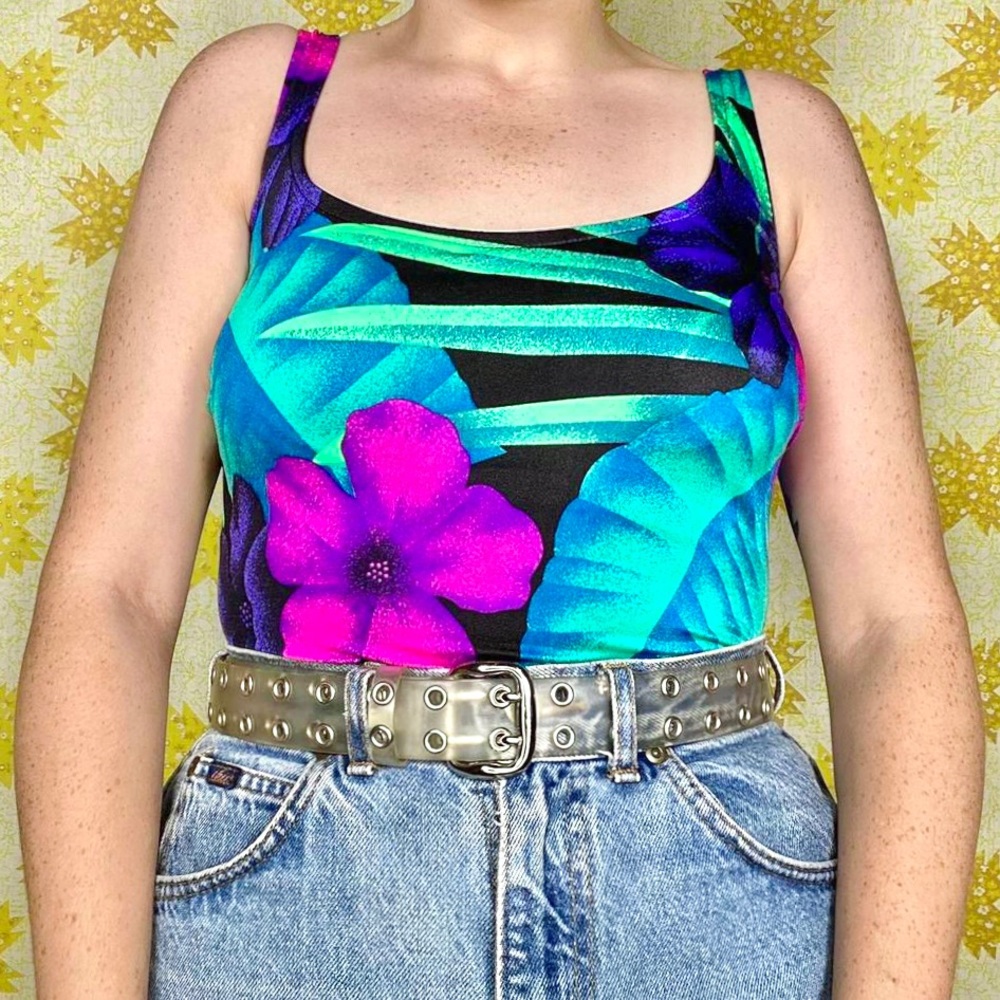 Vintage 90s purple, blue & teal Hawaiian tropical plants one piece swimsuit 🌺